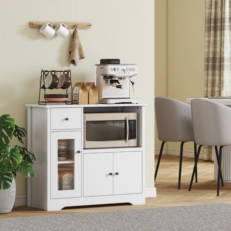 Buffet et enfilade blanc avec étagère micro-ondes, 3 portes, tiroir, étagères ajustables, rangement pour cuisine salon (1/5)