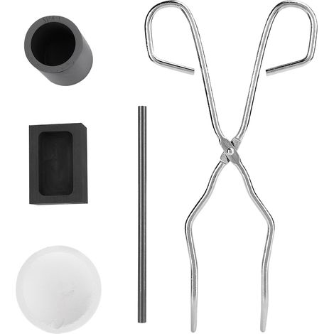 5-teiliges Graphitschmelzset: Quarzschalen, lange Zange, Tiegel, Trog, Mischstab, Schmiede.