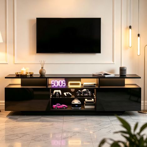 TV-Lowboard 160 x 40 x 45 cm mit LED, 2 Schränken, schwarzem MDF, bis 70 Zoll (1/5)