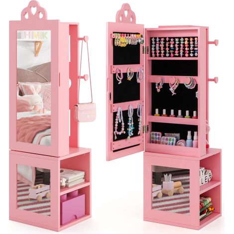 Armadio portagioie per bambini specchio figura intera appendiabiti Armadio porta abiti 3 in 1 ragazze Rosa (1/4)