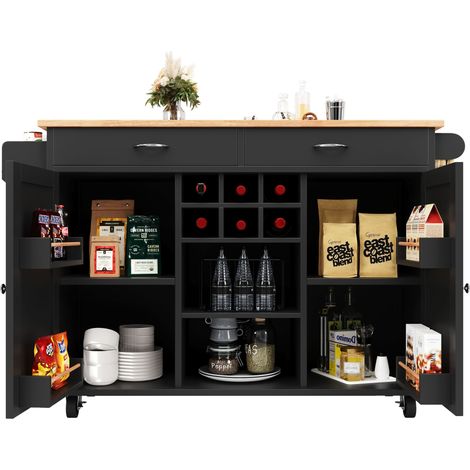 Îlot de cuisine moderne 102×45×92 cm, meuble de cuisine, buffet et desserte effet bois, table à manger multifonction avec espace de rangement, noir (1/5)