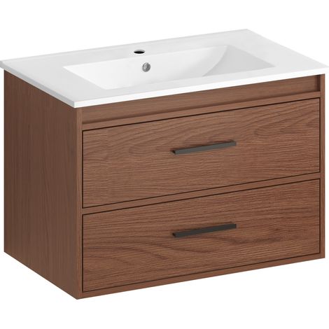 Meuble de salle de bain 75 cm avec 2 tiroirs, finition brun rouge (1/5)