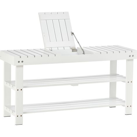Panca porta scarpe in legno a tre livelli con ripiano portaoggetti e vano nascosto, 90 x 29 x 45 cm, bianca