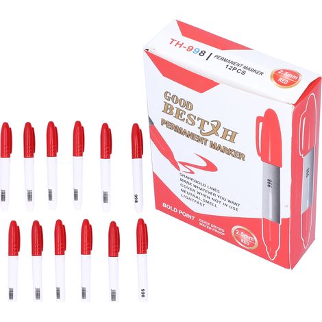 12Pcs Permanent Markers ThickHeaded QuickDrying Plastic Metal Coloring Doodling Marking Pen(Red ) (1/5)
