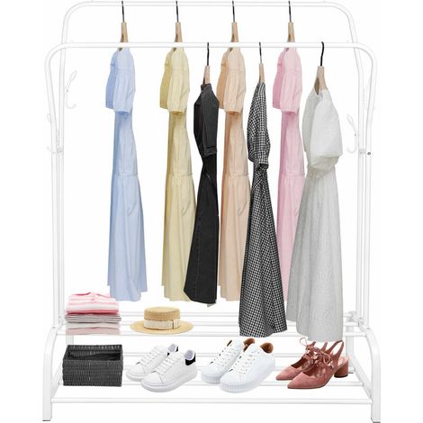 Double Couche Porte-vêtements, Porte-vêtements Multifonctionnel, Porte-Manteaux à Deux Pôles, 110 x 33 x 145cm,Blanc (1/5)