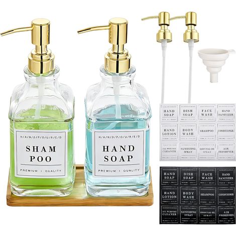 Distributeurs de Savon en Verre, 2 Pack 500ml Distributeur de Savon de Salle de Bain avec Or Pompe en Acier Inoxydable Antirouille, pour Salle de Bain, Cuisine, Décoration'Transparent + Dorée Pompe'Tr