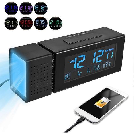 Réveil numérique multifonctionnel avec écran LCD, 7 couleurs de rétroéclairage, veilleuse, radio, sortie USB, capteur infrarouge et couleur noire légère. (1/5)