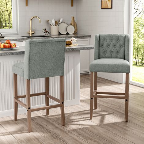 Rustic Set of 2 Bar Stools Linen Tufted with Wood Legs (1/5)