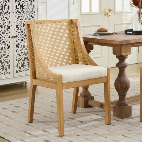 Silla de comedor de madera maciza y ratán artificial con reposabrazos decorativos y tapizado de lino beige (1/5)
