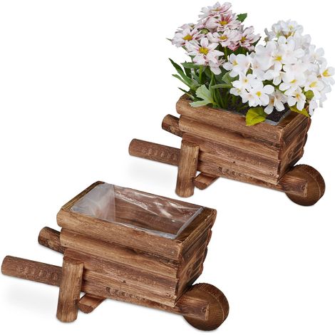 Jardinière en Forme de brouette, 2 pièces, déco Jardin, HxLxP: env. 12,5x26x12 cm, Porte-Plantes, Bois, Nature (1/5)