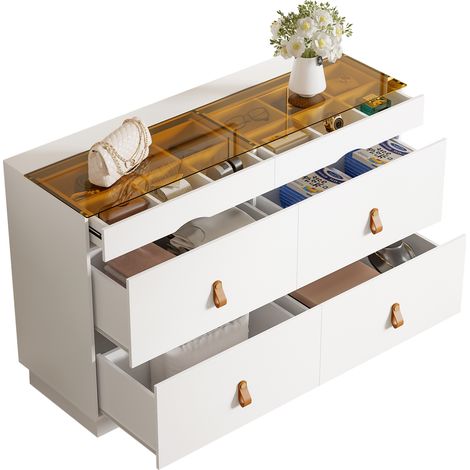 ELVMI Cassettiera con 6 Cassetti e Piano in Vetro, per Camera da Letto, in Pannelli di Particelle, 120 x 40 x 78 cm, Bianco (1/5)
