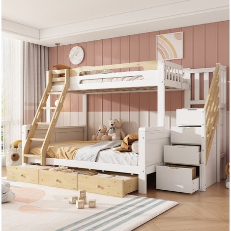Litera familiar 90x200/140x200 cm blanco y natural con almacenamiento DESVIAE (1/5)