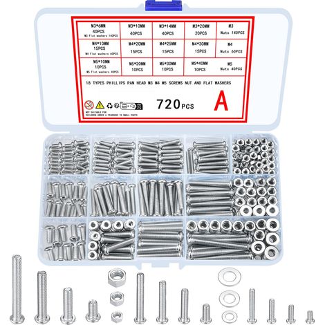 720 PCS Vis Galvanisées avec écrous et Rondelles, M3 M4 M5 Assortiment de Vis à Tête Cylindrique en Croix, Ensemble d'écrous et Boulons pour électronique Industrielle de Bureau à Domicile (1/5)