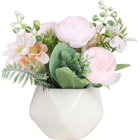 Bouquet de fleurs artificielles, fleurs en plastique longue durée, pot géométrique décoratif + pivoine rose (1/2)