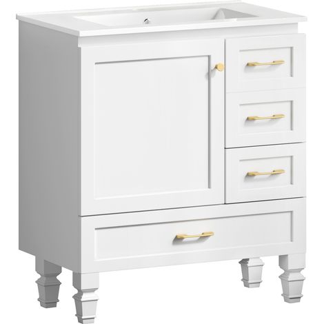 Meuble de salle de bain blanc 75 cm, grand espace de rangement - 1 porte à fermeture douce et 3 tiroirs