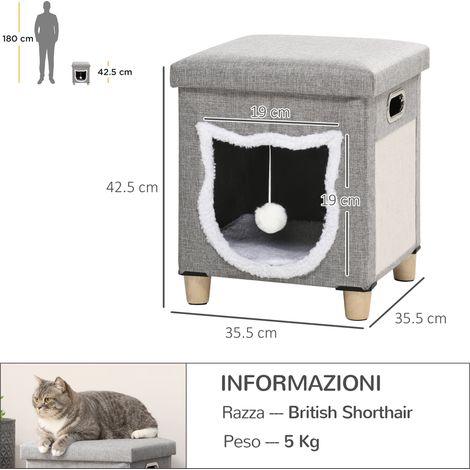 Maison pour chat avec griffoir, coussin et balle, en bois et polyester, 35,5 x 35,5 x 42,5 cm, crème et gris. (1/5)
