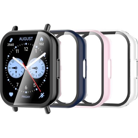 4 Pièces Coque Compatible avec Xiaomi Redmi Watch 5 Lite, Coque Rigide en PC avec Protecteur d'écran, Coque HD avec Verre Trempé - Transparent, Noir,Rose,Bleu (1/5)