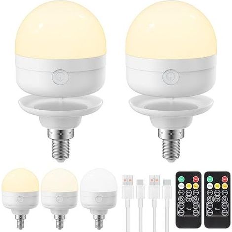 Ampoule rechargeable USB-C avec télécommande, 3 couleurs, culot E14, intensité variable, alimentée par piles, 6 W, fonction minuterie, lampe de secours magnétique, lot de 2 [Classe énergétique E] (1/5)