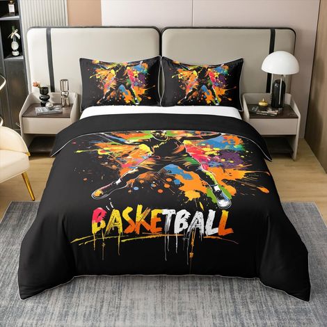 Housse de Couette 220x240 Coton Sports,Parure de Lit Enfant Basket-Ball,Sets de Housses de Couettes Garçons Filles Arc-en-Ciel Balle D'Aquarelle Sports Silhouette de L'Athlète Graffiti (1/5)
