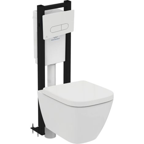 Pack inodoro suspendido IDEAL STANDARD I.Life S RimLS+ sin reborde + asiento de inodoro con cierre suave + estructura autoportante + placa de accionamiento blanca