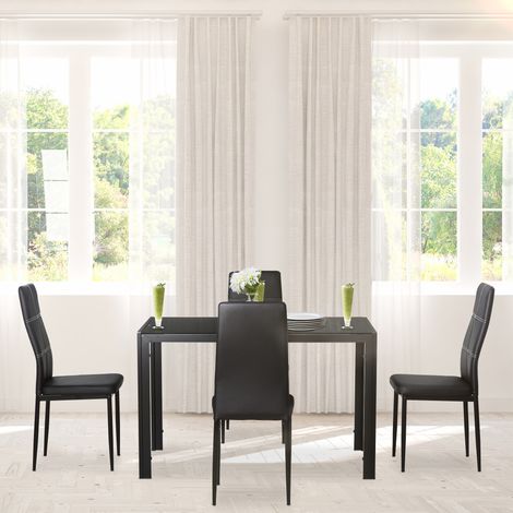 5-teiliges Set mit 1 Tisch und 4 Stühlen für Küche oder Esszimmer aus Kunstleder, Metall und gehärtetem Glas, Schwarz