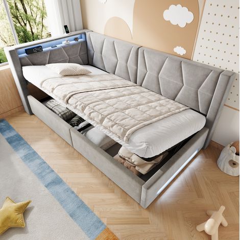 Etagenbett 90/200 cm aus Samt in Dunkelgrau mit Stauraum, LED und USB/Type-C (1/5)