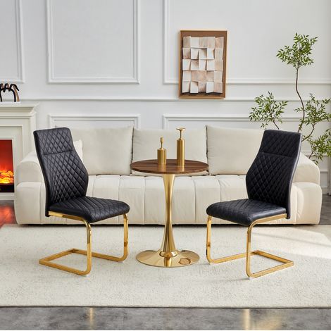 Ensemble table ronde 60 cm en MDF effet noyer, 2 chaises noires, pieds or (1/5)