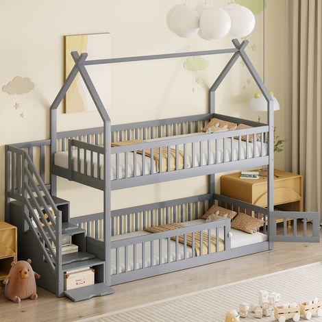 Lit cabane enfant 90x200 avec escalier, gris HAVRYA (1/5)