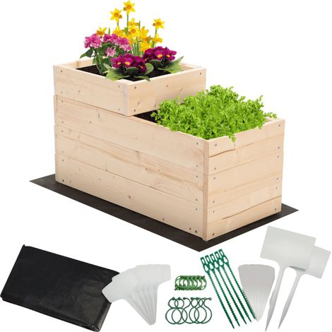 MODO24 Carré potager surélevé en bois, 2 niveaux en cascade, 36x30x63 cm, jardin/terrasse, kit jardinier inclus, naturel