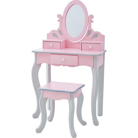 Coiffeuse Enfant en Bois Table Maquillage avec Miroir Et Tabouret Rose TD-12851A (1/5)