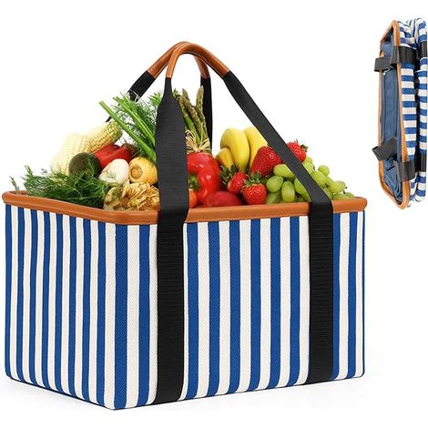 Trintion Einkaufskorb faltbar, 30L große Einkaufstasche mit robusten Henkeln, Tragekorb für den täglichen Einsatz - Ideal als nachhaltiger Shopper & Picknickkorb (Streifen)