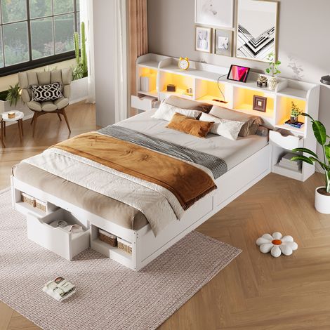 DESMIU Lit simple 140 × 200 cm avec rangements, LED et USB, sans matelas, en MDF et contreplaqué, blanc (1/5)