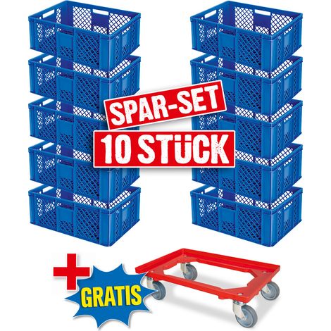 BRB 10 bacs euro, 600 x 400 x 240 mm, convient à un usage alimentaire + 1 chariot de transport (bleu/rouge) (1/2)