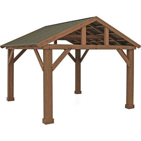 Westmann – Kiosque de jardin en bois cèdre 366x427x330 cm – Toit en aluminium – Montage facile avec pièces prédécoupées – Teinture naturelle brun moka