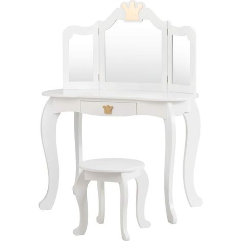 COSTWAY Tocador con Taburete y Espejo para Niña de Madera Mesa de Maquillaje con Cajón 80x42x106 centímetros (Blanco) (1/5)