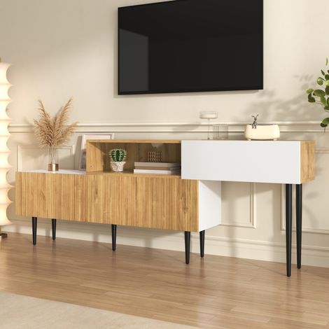 Mobile TV 240x30x63,5 cm modulare estensibile, design moderno, 3 ante a ribalta, bianco opaco e legno