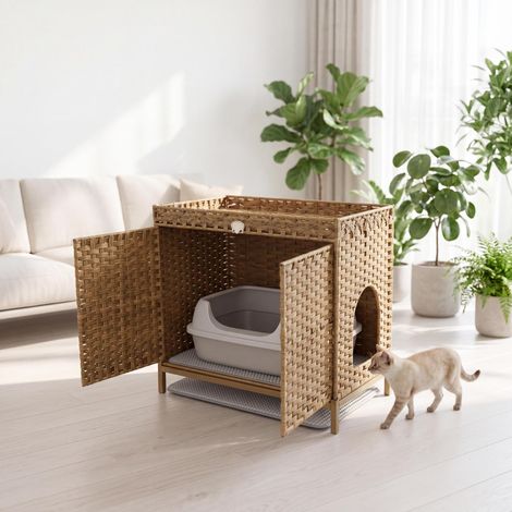 Mobilier en rotin PE tissé main pour bac à litière caché – Double portes – Cadre en fer ventilé – Tapis de litière inclus – 77 x 46,5 x 71 cm – Couleur nature (1/5)