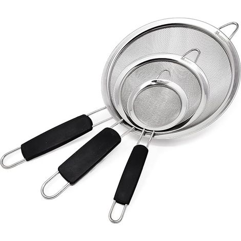 Ensemble de 3 passoires à mailles fines en acier inoxydable (8,6 cm, 14 cm et 20 cm) avec poignées isolées. Accessoires de cuisine. (1/5)