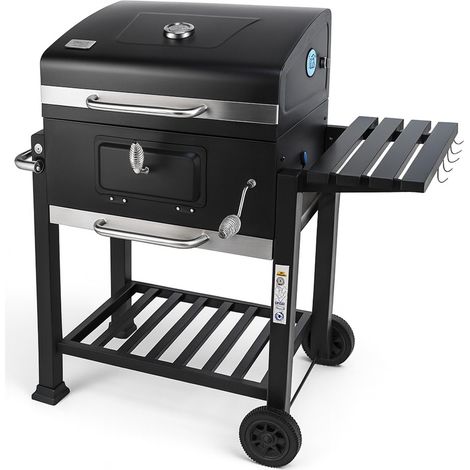 JARDIN202 - Barbacoa de Carbón Alabama Grande con Ruedas, Termómetro y Altura Ajustable Parrilla Grill de Carbón con Carrito y Tapa Negro