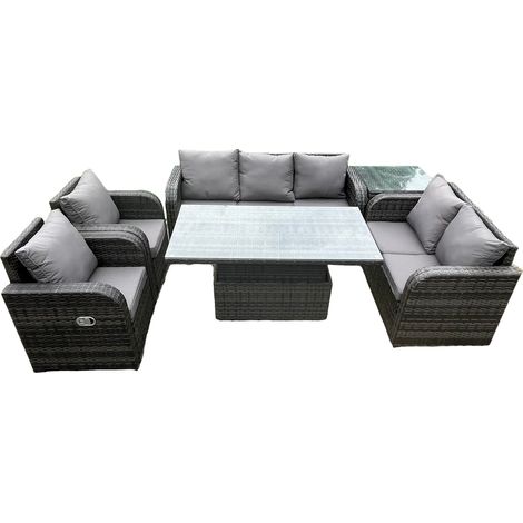 Fimous Wicker PE rotin ensemble salon de jardin extérieur hauteur réglable table à manger table inclinable canapé ensemble avec table d'appoint gris foncé mix (1/5)