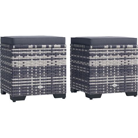 Outsunny Set of 2 Rattan Storage Ottoman, Outdoor Footstool with Removable Cushions, Garden Storage Seat for Balcony, Porch, Living Room, Dark Grey