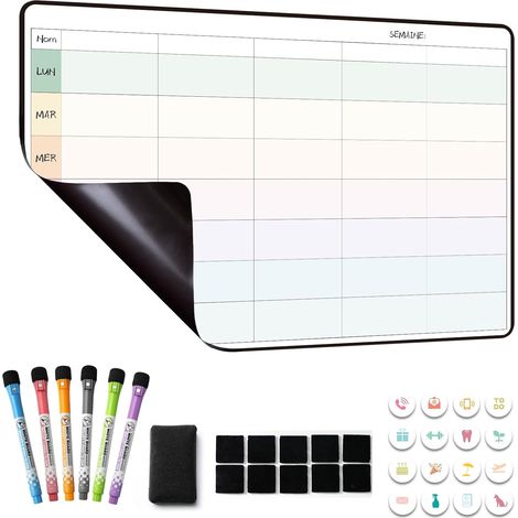 Planning Semaine, Calendrier magnetique Frigo,Tableau Organisateur Familial,Planificateur des Menus/Repas Hebdomadaire 42×28cm effacable en Français (1/5)