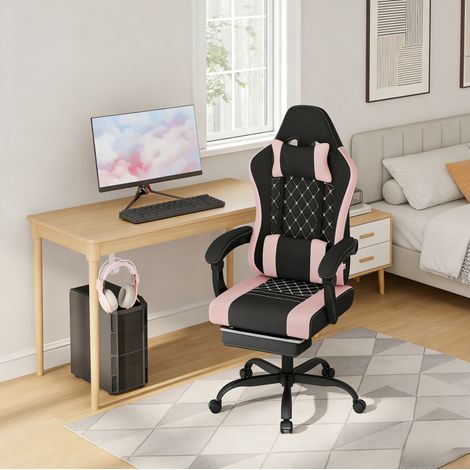 Sedia da gaming 70x70x127 cm nero e rosa in tessuto e rete con massaggio, poggiapiedi e schienale reclinabile (1/5)