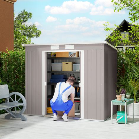 Gris hachi - Abri de rangement extérieur pour outils métalliques en jardin avec kit de fondation, bouches d’aération et toit en pente