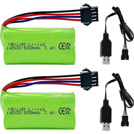 Lot de 2 batteries Li-ion rechargeables 7,4 V 500 mAh SM-4P 4 broches pour DE85 1:12 RC Truck XS-1S RC1-MR 1:16 - Batterie de voiture télécommandée amphibie - Câble de charge USB (1/5)