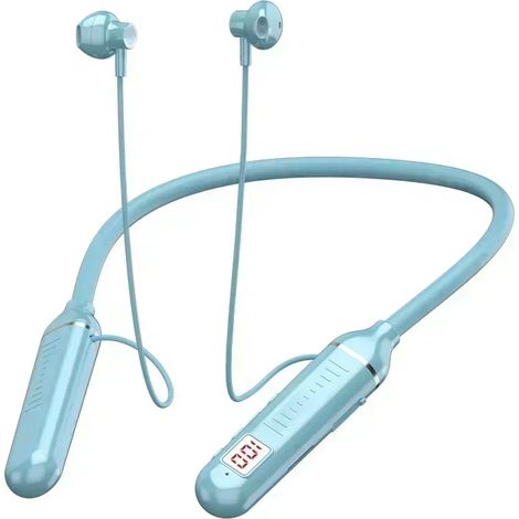 (Bleu) Écouteurs tour de cou sport, Bluetooth, jeux, indicateur de batterie LED, microphone, stéréo HiFi, compatible carte TF. (1/5)