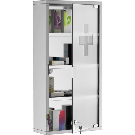 CHICFURN Armadietto portamedicinali con serratura 30 x 12 x 60 cm in acciaio argento, per bagno (1/5)