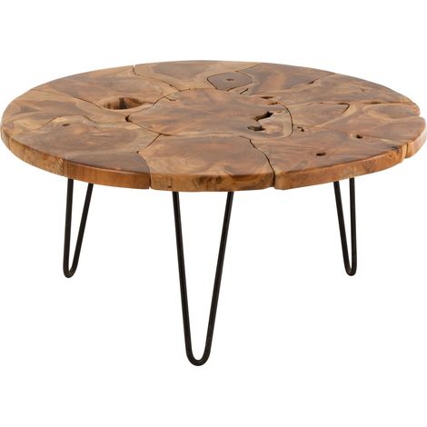 Table basse rond en teck marron et métal noir Samuel D 79cm (1/5)
