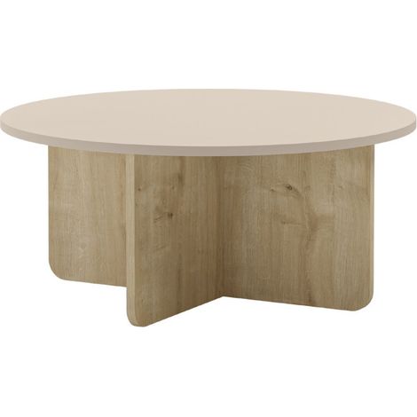 Table basse ronde Ø80cm en mélaminé plateau beige et piètement imitation bois - HESTIA