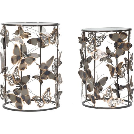 Dmora Couchtisch Dhulik, Set aus 2, Schmetterlingsmuster, rund, Glasplatte transparent, 41x41x55h cm Grau